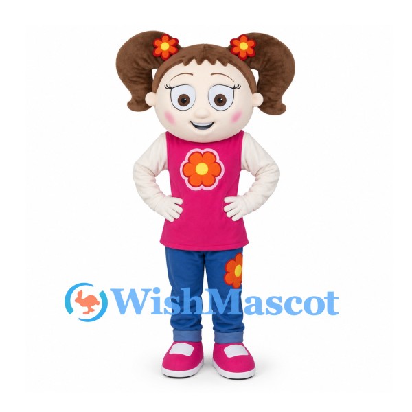 Girl Mascot Costume with Brown Pigtails and Pink Flower Shirt