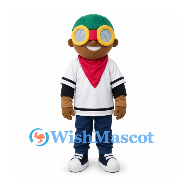 Boy Mascot Costume with Yellow Goggles and Red Scarf