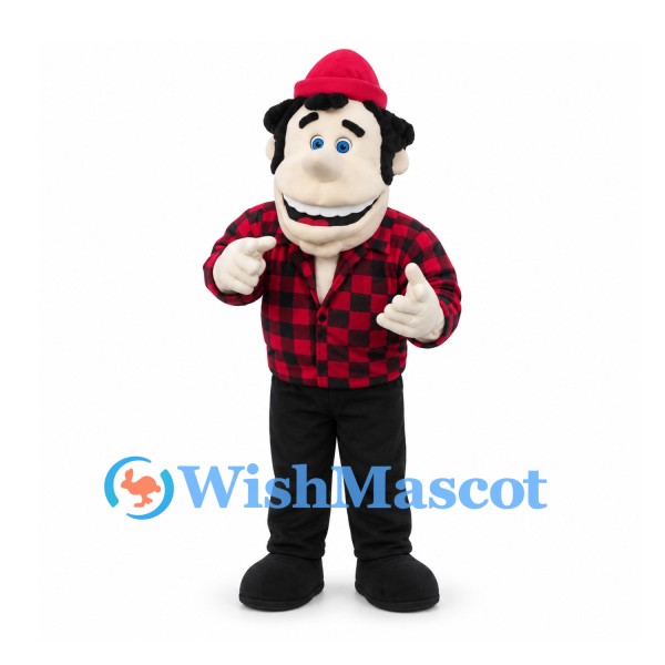 Lumberjack Mascot Costume with Red Checked Shirt and Hat