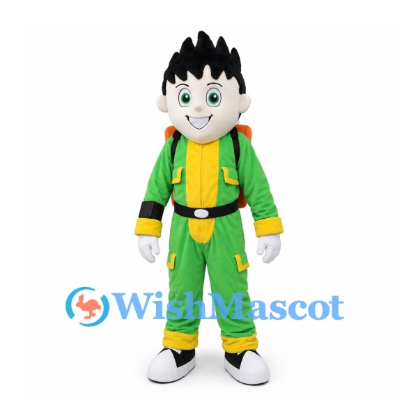 Boy Mascot Costume with Spiky Black Hair and Green Outfit