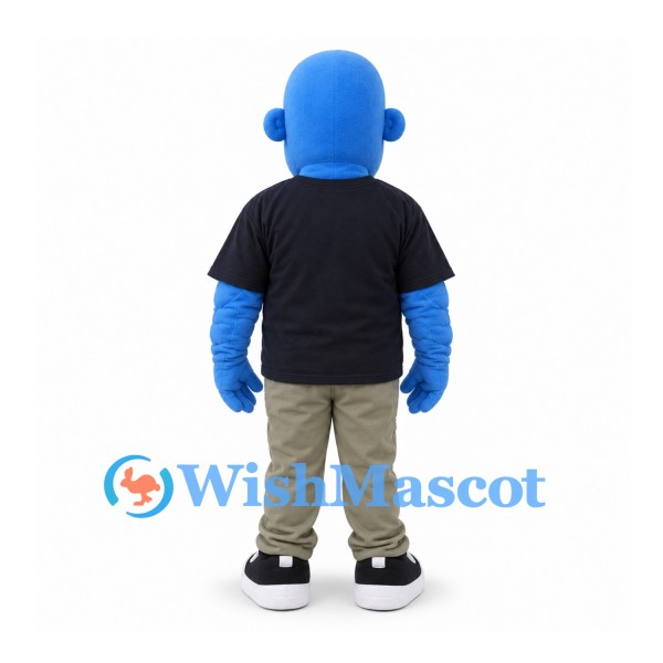 Blue Man Mascot Costume with Black Shirt and Gray Pants