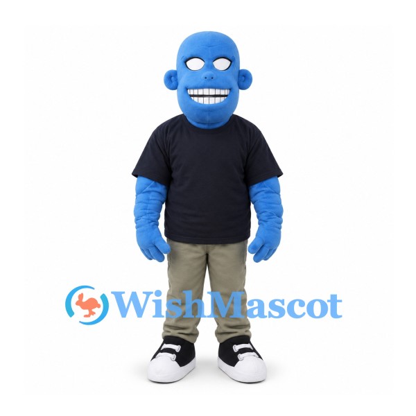 Blue Man Mascot Costume with Black Shirt and Gray Pants