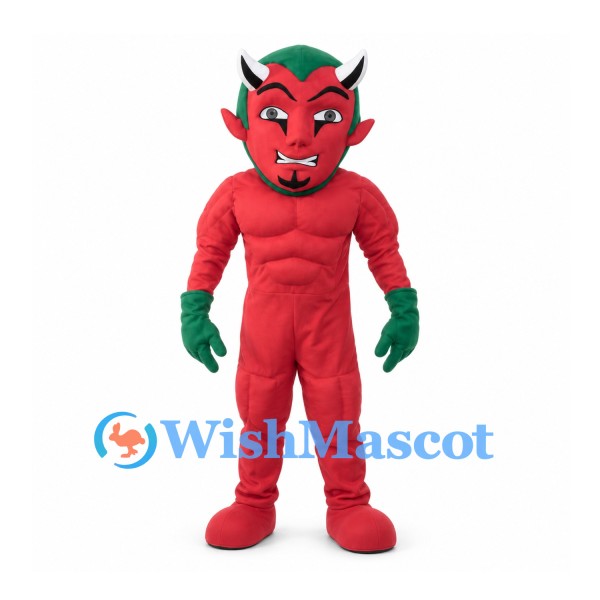 Devil Mascot Costume in Red with Green Hair and Horns