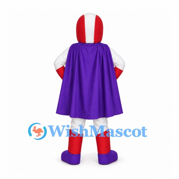 Superhero Mascot Costume with Red Helmet and Purple Cape