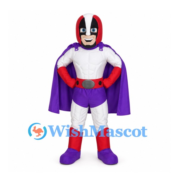 Superhero Mascot Costume with Red Helmet and Purple Cape
