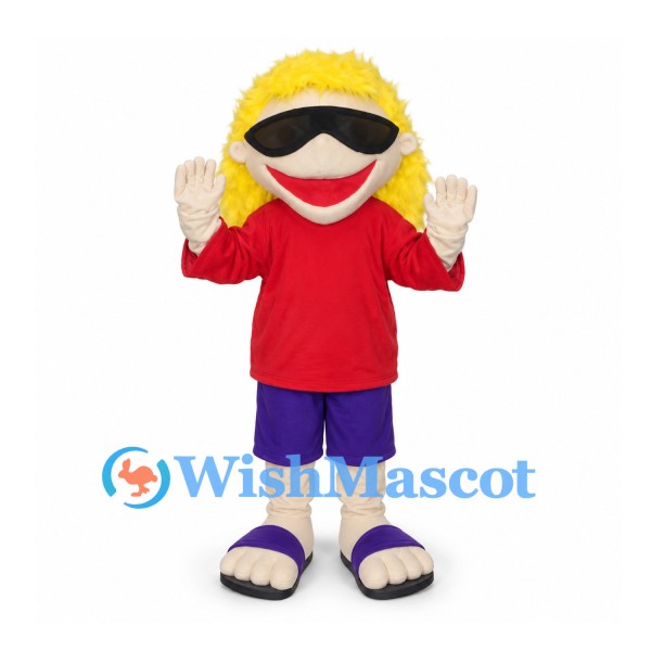 Surfer Mascot Costume with Blonde Hair and Red Shirt