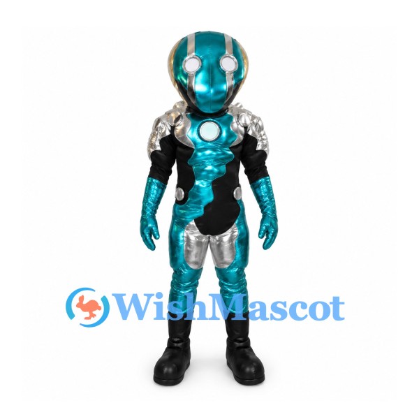 Robot Mascot Costume in Teal and Silver with Round Helmet