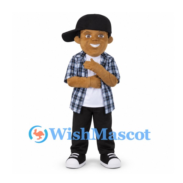 Boy Mascot Costume with Black Cap and Blue Checked Shirt