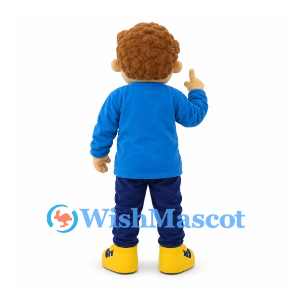 Boy Mascot Costume with Curly Brown Hair and Blue Hoodie