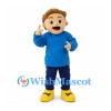 Boy Mascot Costume with Curly Brown Hair and Blue Hoodie