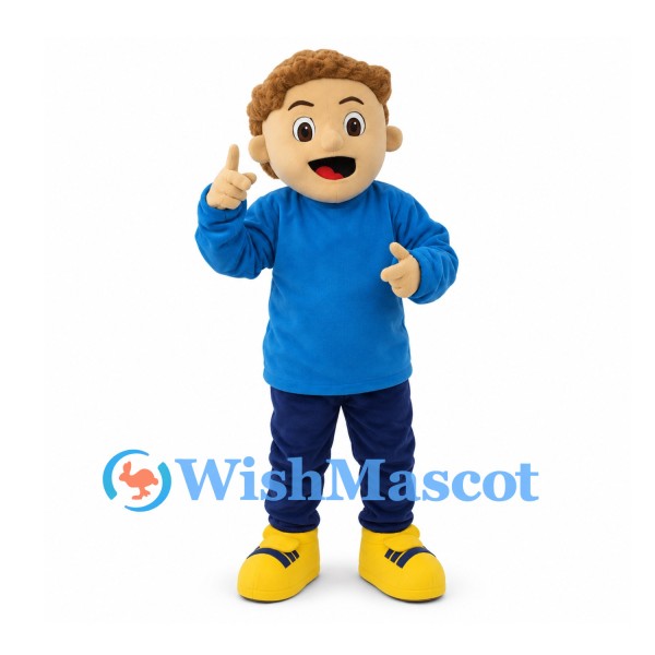 Boy Mascot Costume with Curly Brown Hair and Blue Hoodie