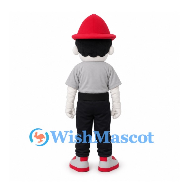 Boy Mascot Costume with Red Hat and Gray Shirt