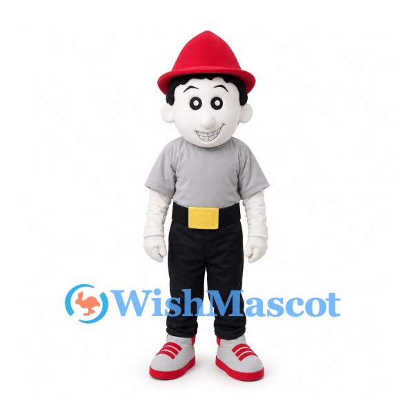 Boy Mascot Costume with Red Hat and Gray Shirt