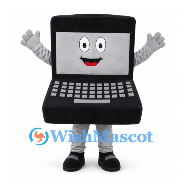 Laptop Mascot Costume in Black with Smiling Screen