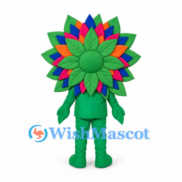 Flower Mascot Costume with Rainbow Petals and Green Leaves