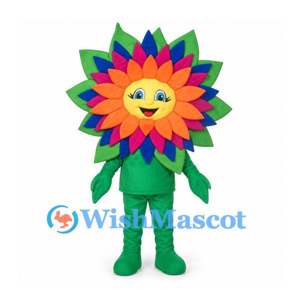 Flower Mascot Costume with Rainbow Petals and Green Leaves