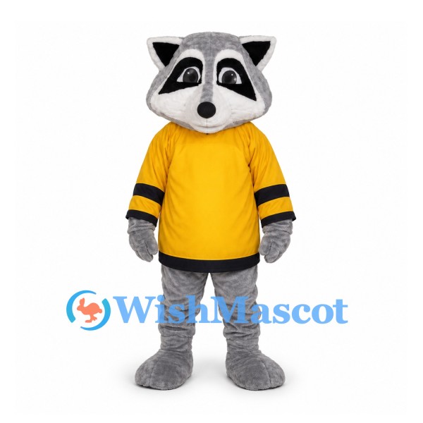 Raccoon Mascot Costume with Yellow Jersey and Striped Tail