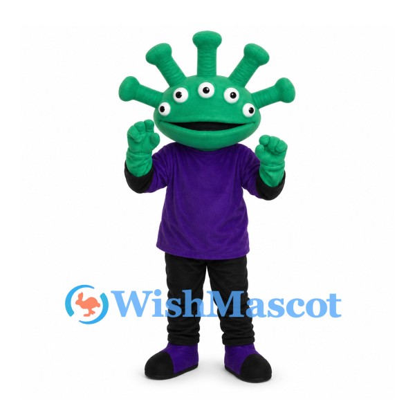 Alien Mascot Costume with Green Stalk Head and Purple Shirt