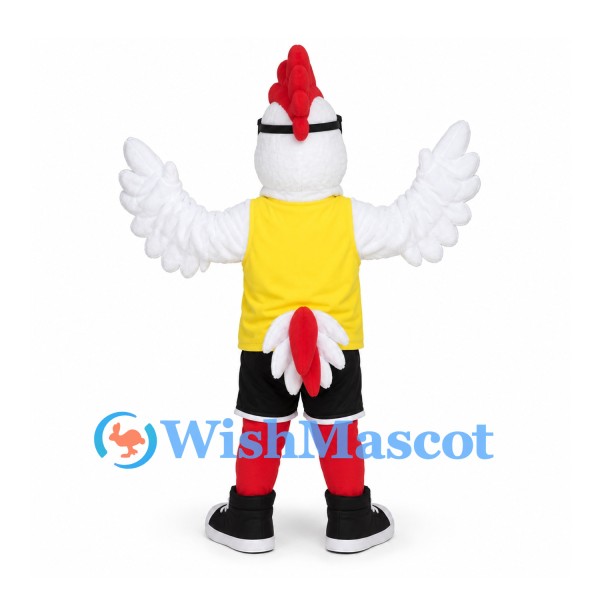 Rooster Mascot Costume with Yellow Shirt and Black Shorts
