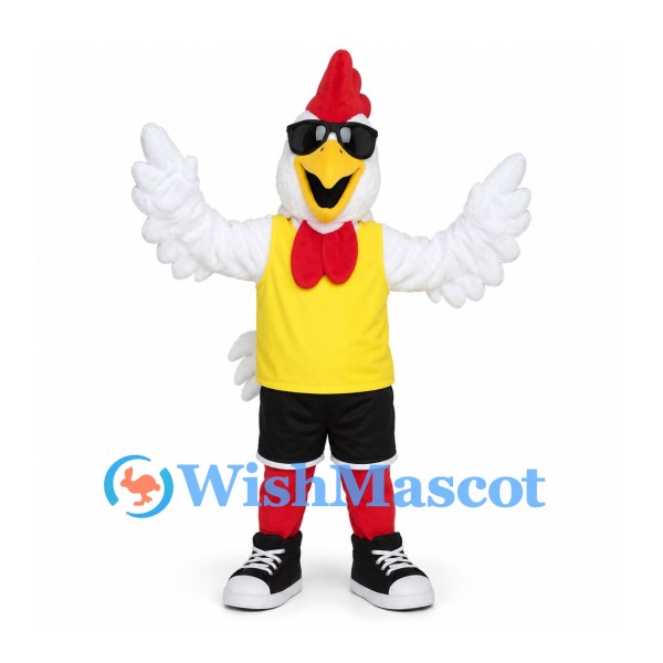 Rooster Mascot Costume with Yellow Shirt and Black Shorts