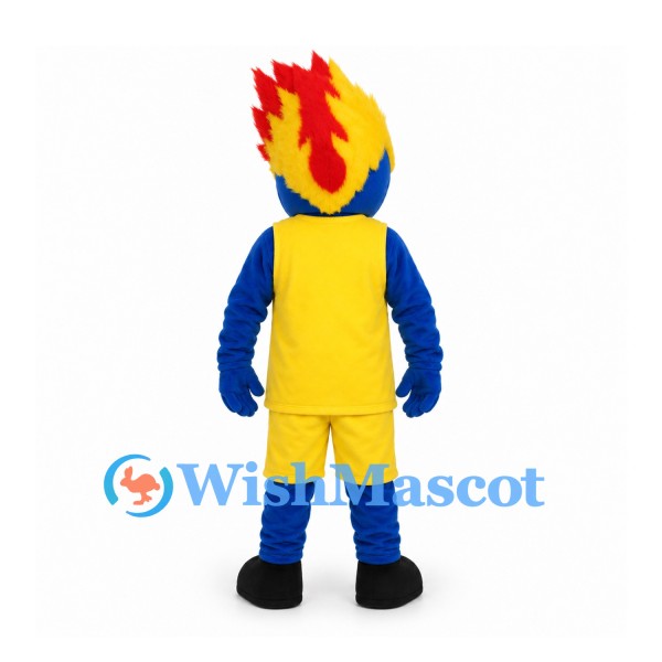 Flame Character Mascot Costume with Blue Face and Yellow Uniform