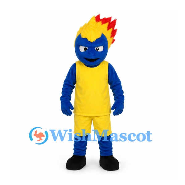 Flame Character Mascot Costume with Blue Face and Yellow Uniform