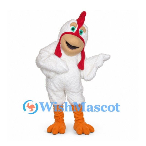 Chicken Mascot Costume in White with Orange Feet and Smiling Beak