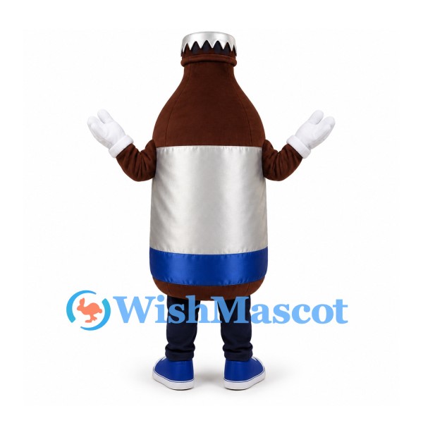Beverage Bottle Mascot Costume in Brown with Silver Blue Label