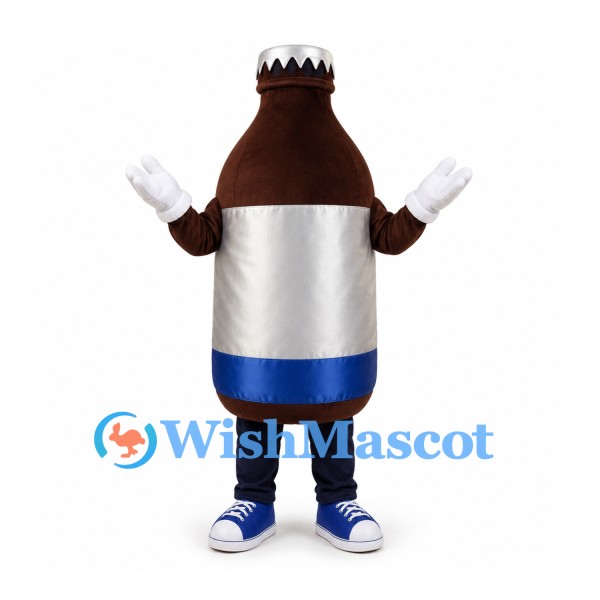Beverage Bottle Mascot Costume in Brown with Silver Blue Label