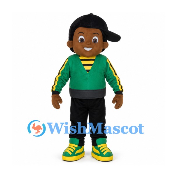 Boy Mascot Costume with Green Jacket and Black Cap
