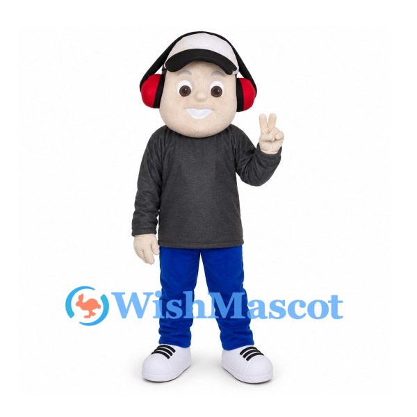 Boy Mascot Costume with Black Cap and Red Headphones