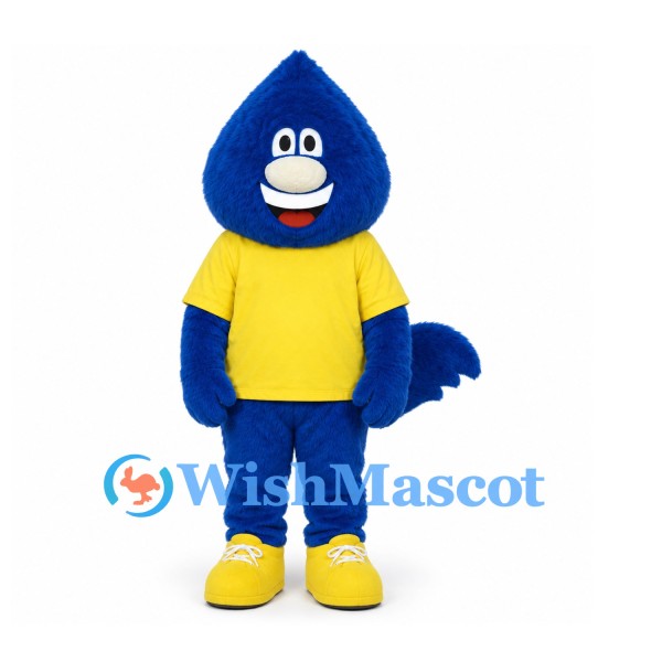 Blue Monster Mascot Costume with Yellow Shirt and Curved Tail