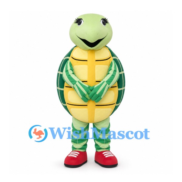Turtle Mascot Costume in Green with Yellow Belly and Red Shoes