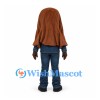 Woman Mascot Costume with Long Brown Hair and Blue Outfit
