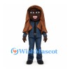 Woman Mascot Costume with Long Brown Hair and Blue Outfit