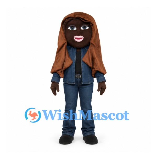 Woman Mascot Costume with Long Brown Hair and Blue Outfit