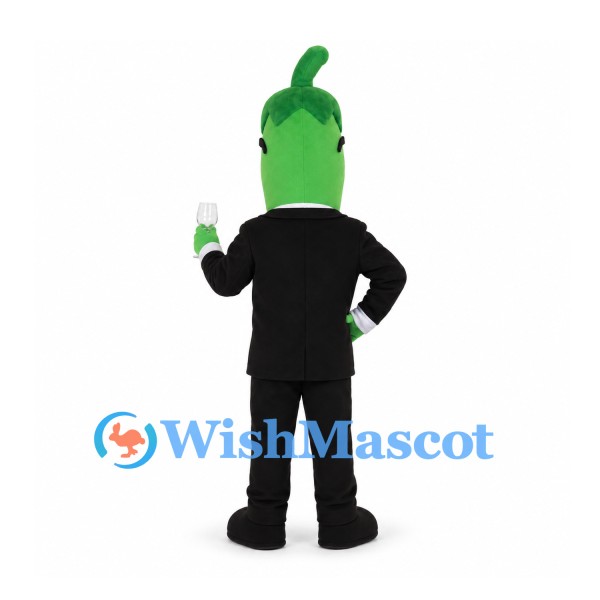 Chili Pepper Mascot Costume in Green with Black Suit and Sunglasses
