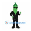 Chili Pepper Mascot Costume in Green with Black Suit and Sunglasses