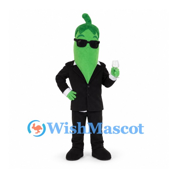 Chili Pepper Mascot Costume in Green with Black Suit and Sunglasses