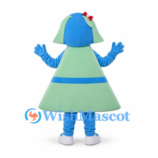 Robot Girl Mascot Costume with Blue Head and Green Dress