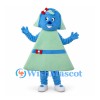 Robot Girl Mascot Costume with Blue Head and Green Dress