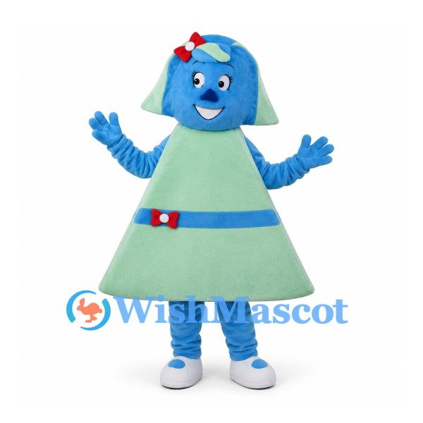 Robot Girl Mascot Costume with Blue Head and Green Dress