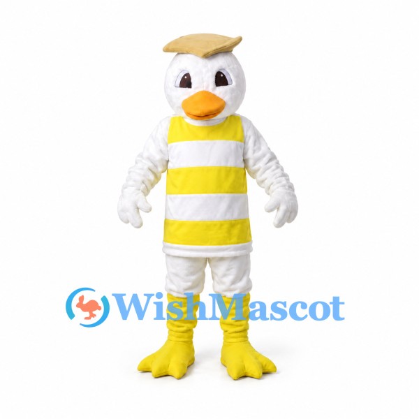 Duck Mascot Costume with Yellow Striped Outfit and Cap