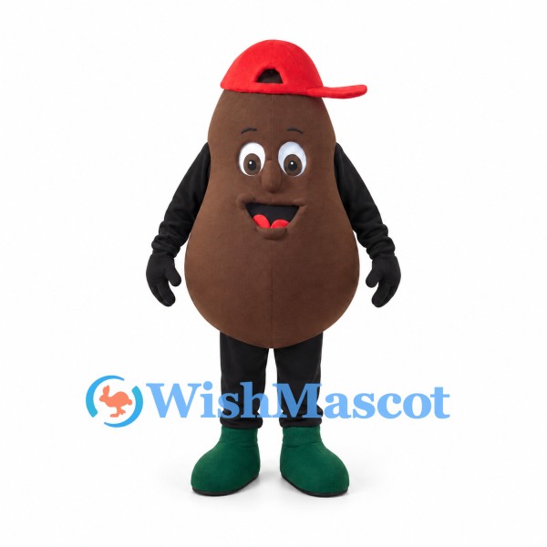 Bean Mascot Costume in Brown with Red Baseball Cap
