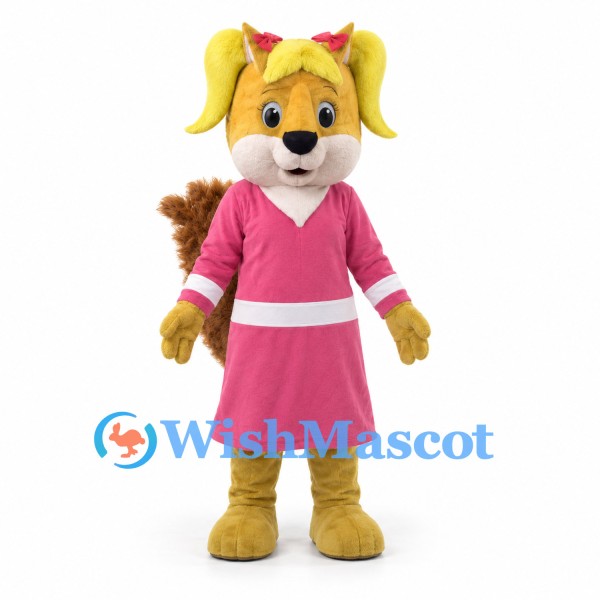 Squirrel Mascot Costume with Pink Dress and Blonde Pigtails