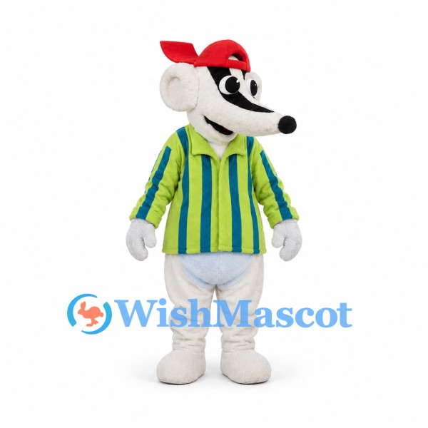 Mouse Mascot Costume with Red Cap and Striped Jacket