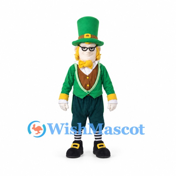 Leprechaun Mascot Costume with Green Top Hat and Gold Waistcoat