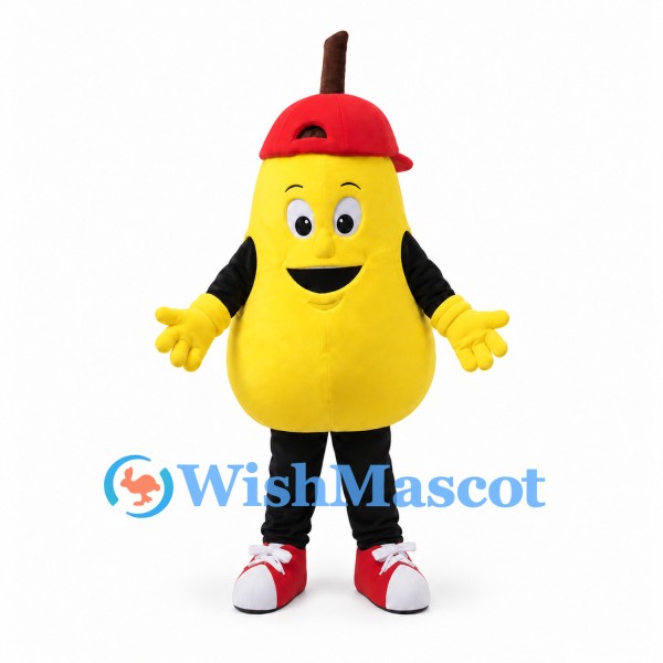 Pear Mascot Costume in Yellow with Red Cap