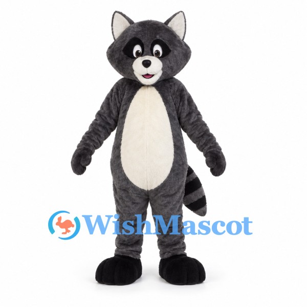 Raccoon Mascot Costume in Dark Gray with Striped Tail