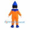 Clown Mascot Costume with Orange Suit and Blue Cone Hat